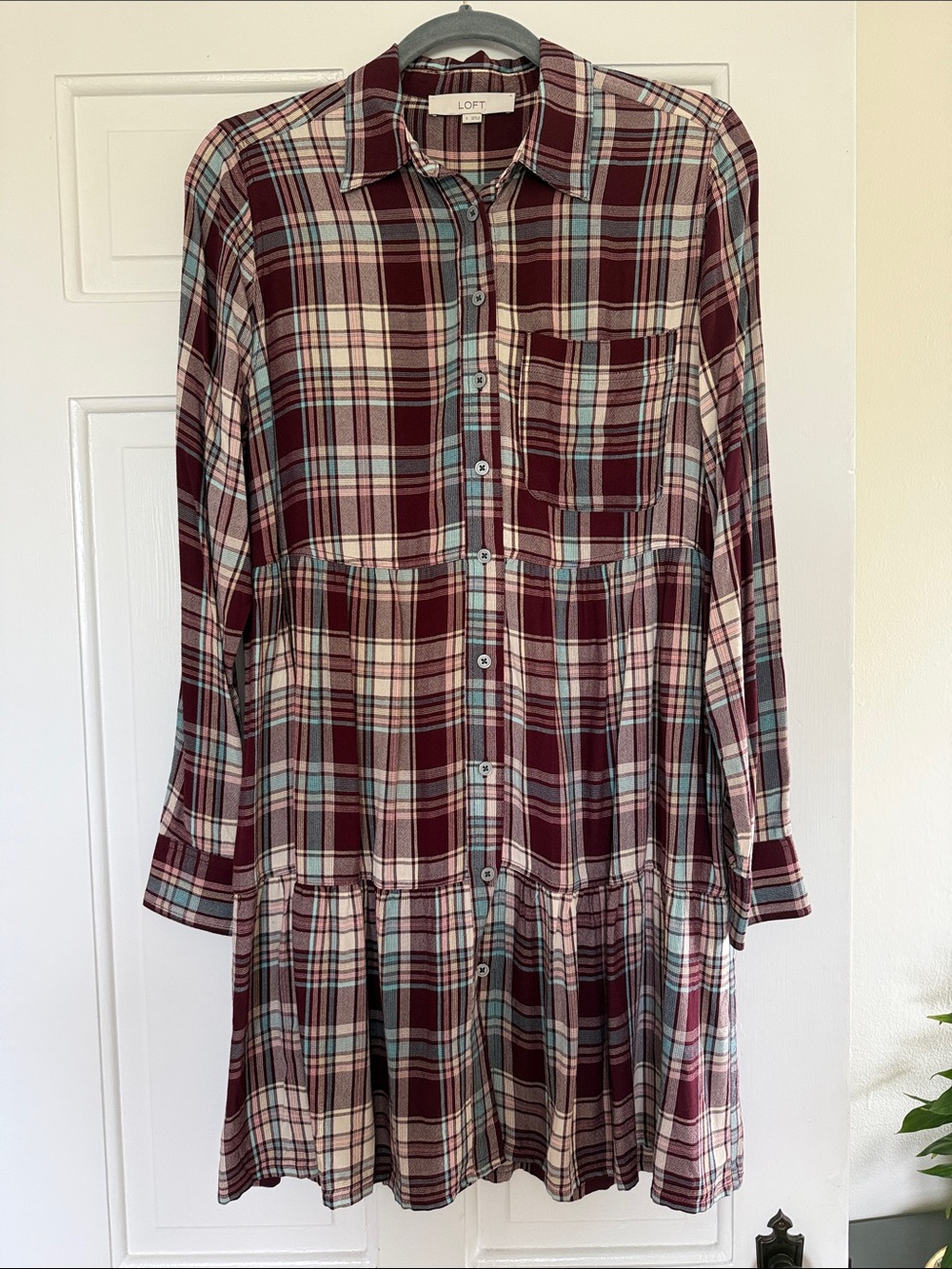 LOFT Burgundy Plaid Tiered Button-Front Shirt Dress Size S